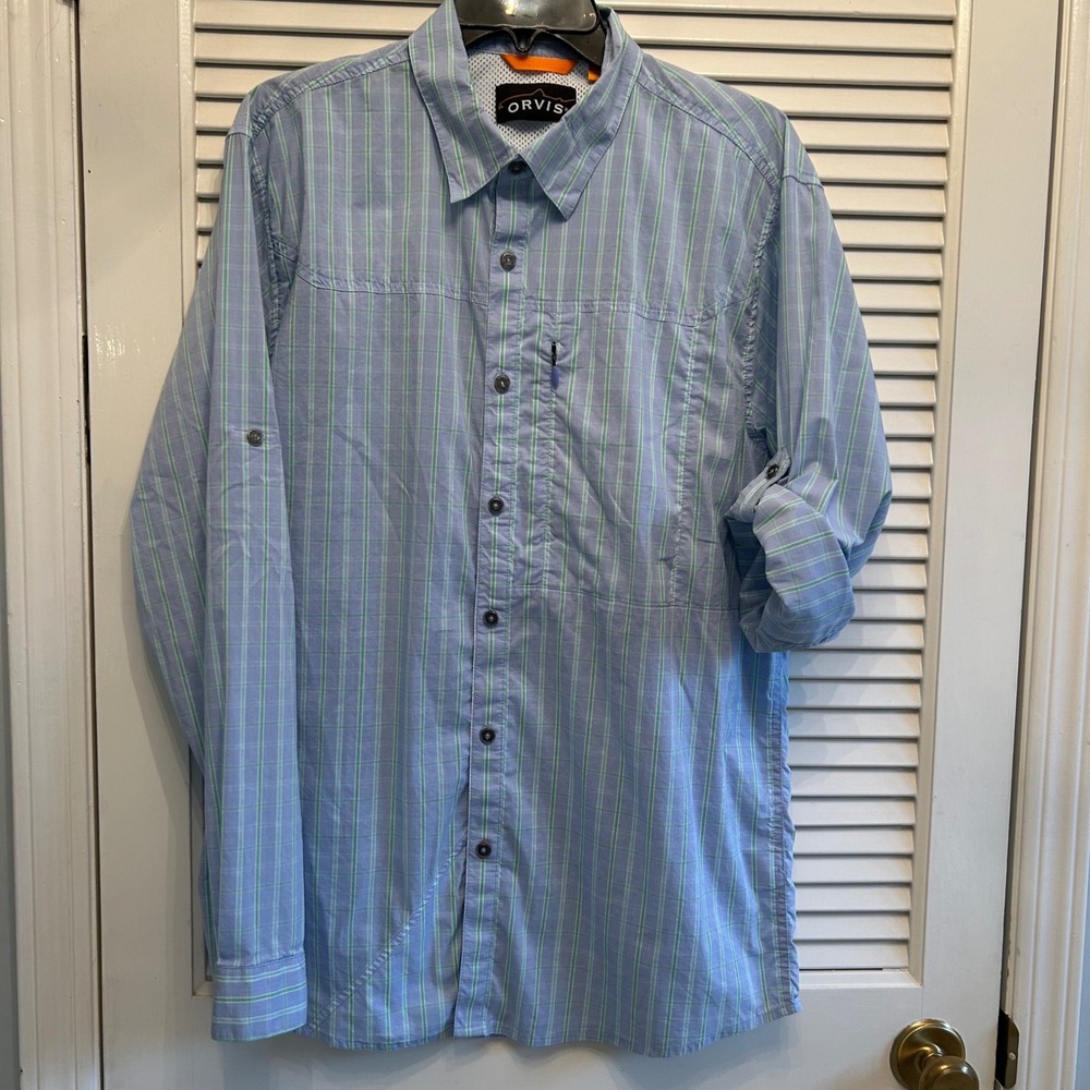 Orvis Mens Button Down Shirt Medium Blue Green Plaid Travel Roll Tab Sleeve